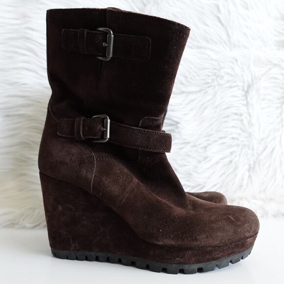 Prada Chocolate Brown Suede Double Buckled Mid Calf Platform Wedge Boots - Picture 1 of 12